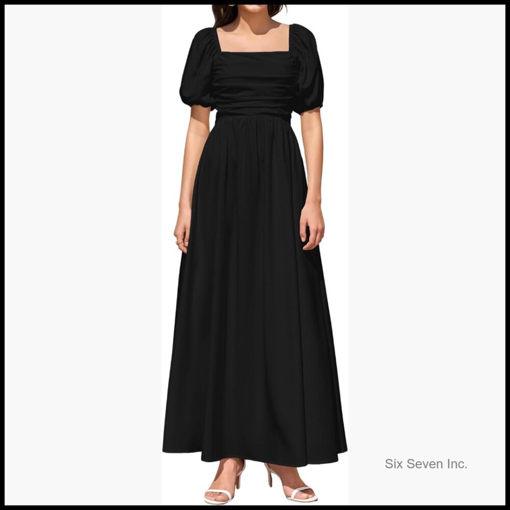 Polyester Maxi Dress Square Neck Puff Sleeve A Line Wedding Guest